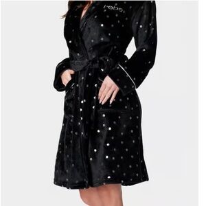 New bebe Black and Silver Polka Dot Robe size small